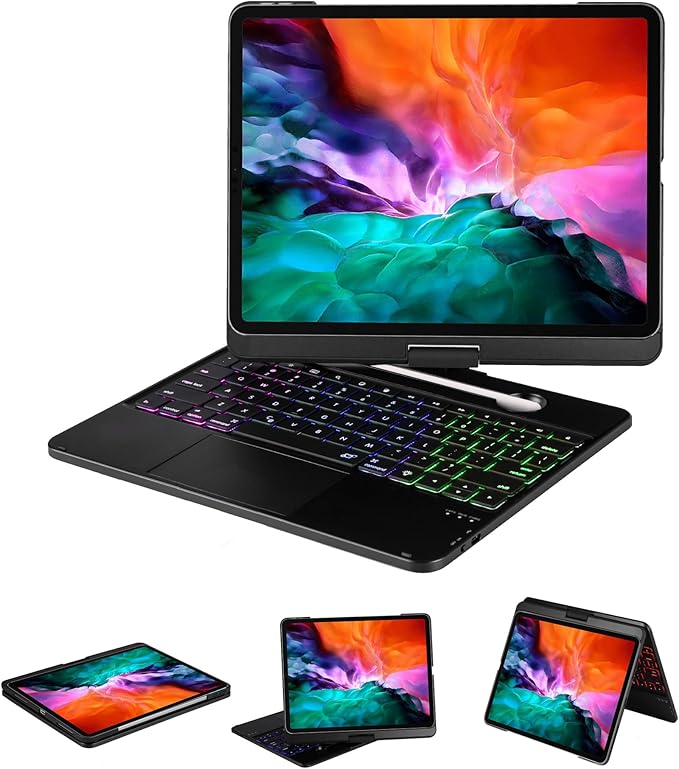 Keyboard Case for iPad Pro 12.9 inch 6th Generation 2022 5th 2021/4th 2020/3rd 2018 Gen,360 Rotatable Wireless Folio 180 Swivel Stand Hard Cover Black
