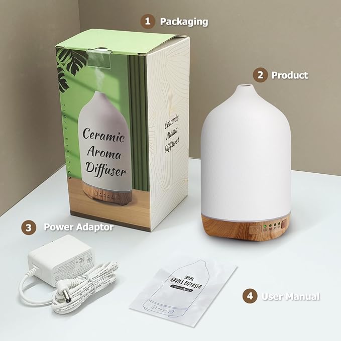 Ceramic Diffusers, Stone Essential Oil Diffuser, Ultrasonic Aromatherapy Diffusers for Home Auto Shut-Off, Wood Grain Base 250ML White