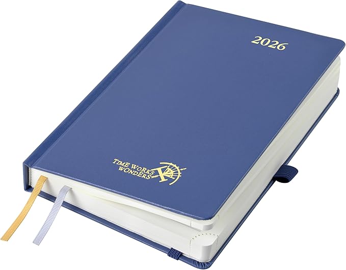 POPRUN 2026 Daily Planner One Page Per Day A5 Size Calendar (5.75" x 8.5") - 12 Months Hourly Appointment Book with Hardcover, Pocket, Pen Holder - Navy Blue