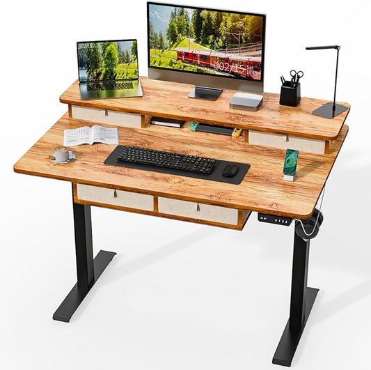 Standing Desk with Fast Charging USB Ports, 48" x 30" Height Adjustable Home Office & Gaming Desk, Sit Stand Desk with Built-in Storage Shelf, Hook & Ergonomic Design(Light Rustic)
