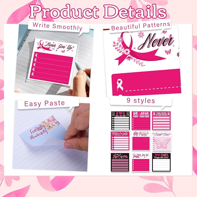 Breast Cancer Awareness Sticky Notes Gifts, 9 Pack Breast Cancer Awareness Notepads 3x3 Inches, Pink Ribbon Hope Fight Memo Post Pads School Office Supplies for Women Girls (450 Sheets)