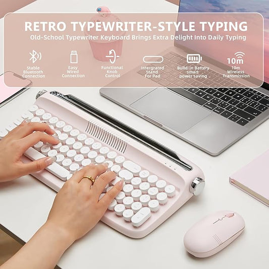 YUNZII Upgraded Wireless Typewriter Keyboard,with Retro Integrated Stand,USB-C/Bluetooth,Cute Round Keycaps, USB-C/Bluetooth Connection for Table, Phone, PC and Win/Mac/Android (B309, Baby Pink)