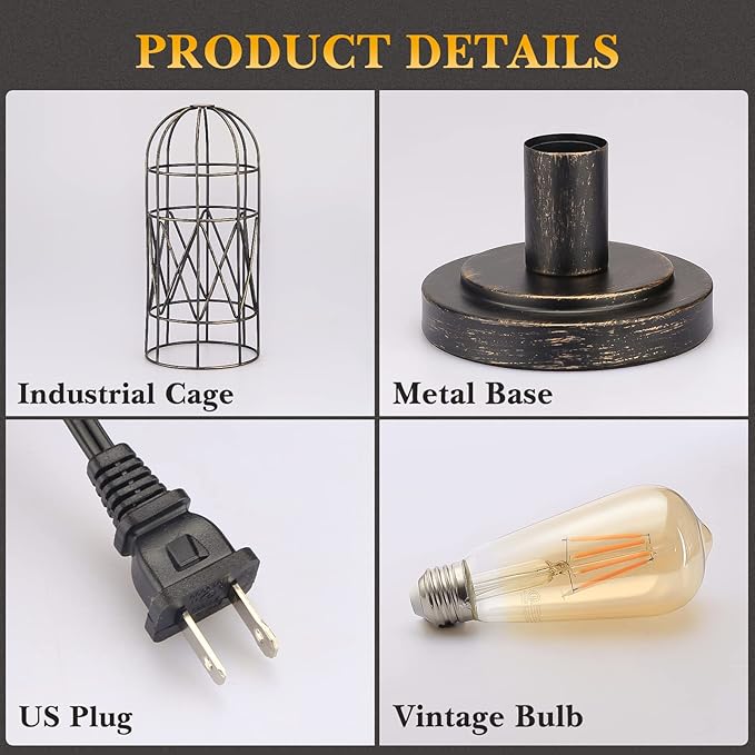 Industrial Table Lamp, Small Touch Lamp with Rustic Cage Vintage Bedside Lamp 3 Way Dimmable Nightstand Lamp Edison Desk Lamp for Bedroom, Living Room, Hallway, Entryway, Kitchen, 4W LED Bulb Included