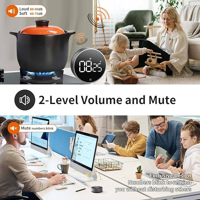 VOCOO Digital Kitchen Timer - Magnetic Countdown Countup Timer with Large LED Display Volume Adjustable, Easy for Cooking and for Seniors and Kids to Use (Space Grey)