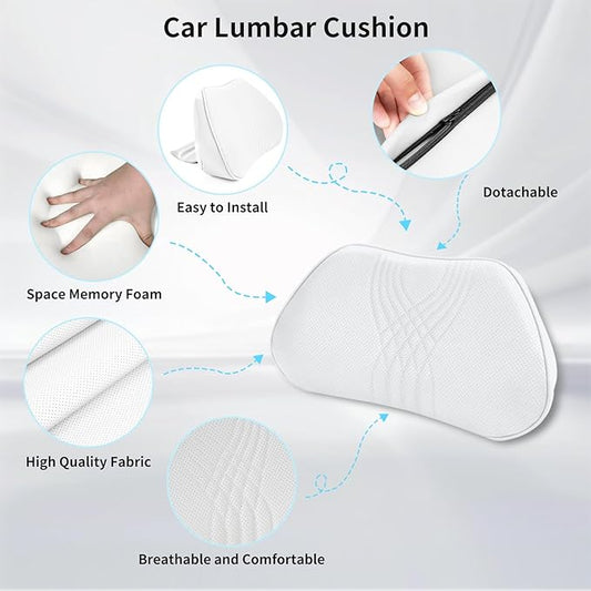 Lumbar Support Pillow for Car Seat, Office Chair Leather Memory Foam Lower Back Cushion for Back Pain Relief Improve Posture, Ergonomic Back Rest for Gaming Chair, White, 1PC