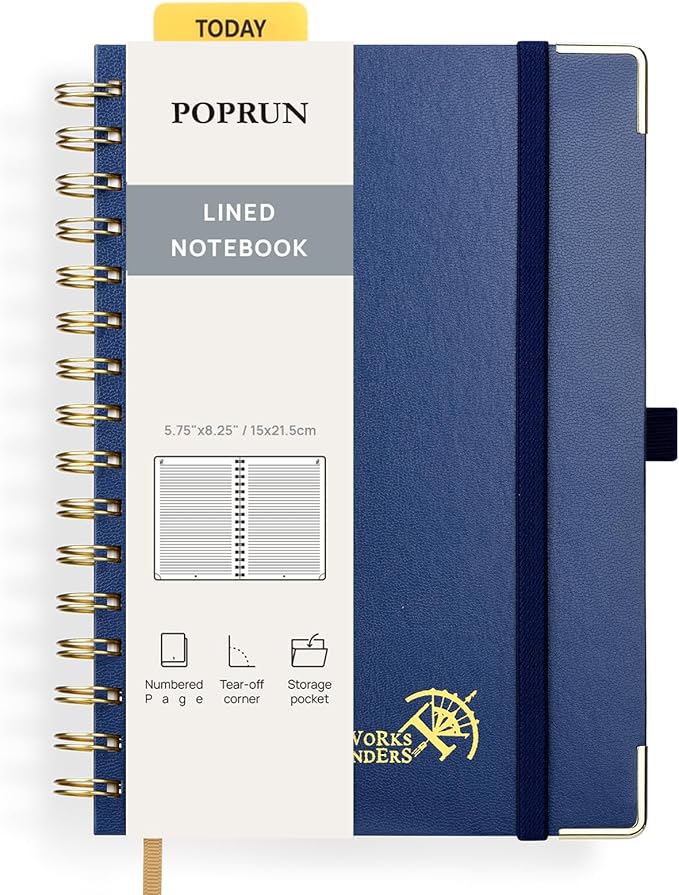POPRUN Lined Spiral Journal Notebook, [A5-5.75'' x 8.25''] - 120 GSM Thick Paper, 141 Numbered Pages, College Ruled Notebook for Men & Women with Pocket, Index Tabs, 8 Perforated Sheets, Navy Blue