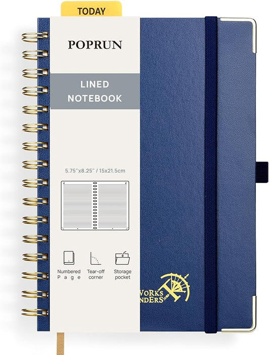POPRUN Lined Spiral Journal Notebook, [A5-5.75'' x 8.25''] - 120 GSM Thick Paper, 141 Numbered Pages, College Ruled Notebook for Men & Women with Pocket, Index Tabs, 8 Perforated Sheets, Navy Blue