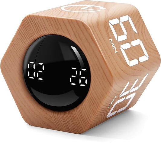 Productivity Timer 1, 5, 10, 30, 60 Minutes Preset, Desk Cube Timer with Gravity Sensor/Mute/Vibration for ADHD, Work, Study, Kitchen, Back to School (1, Wood Grain)