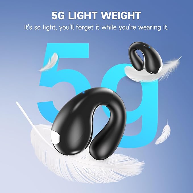 Open Ear Earbuds Wireless Bluetooth 5.3 Flexible Clip On Open Ear Earbuds with 36H Playtime LED Display Bone Conduction IPX7 Lightweight Fit for Every Ear, Sport, Workout