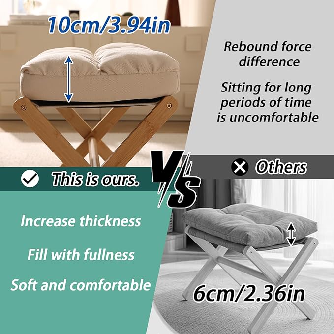 Folding Upholstered Footrest Stool, Small Accent Ottoman with Thick Cotton Cushion & Bamboo X Legs, Modern Padded Sofa Stool for Makeup Bedroom Living Room (Black)