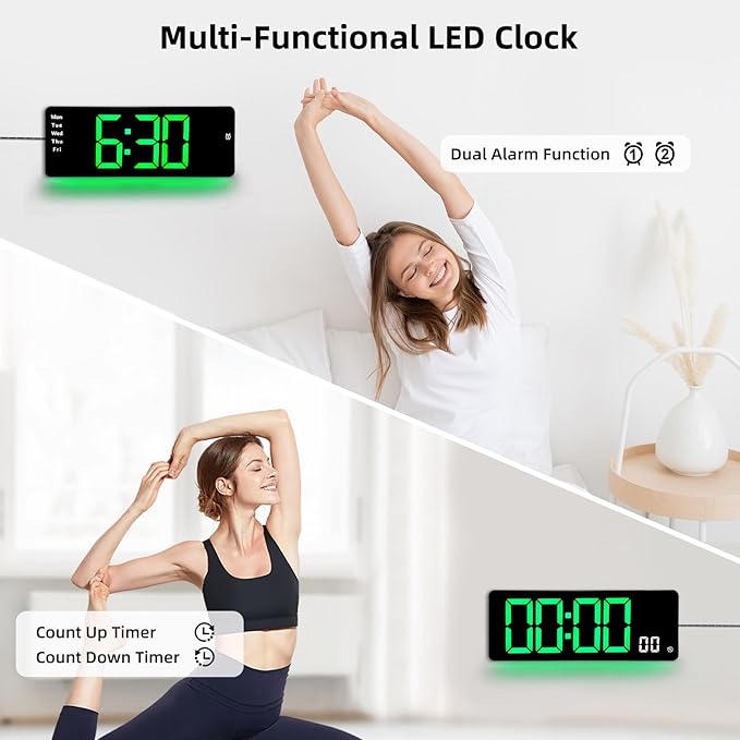 17.5” Digital Wall Clock, LED Display with Time, Date, Month, Temperature & Humidity, Remote Control DST, Alarm, Timer, 10-Level Brightness, Night Light for Home, Living Room, Bedroom & Office Décor
