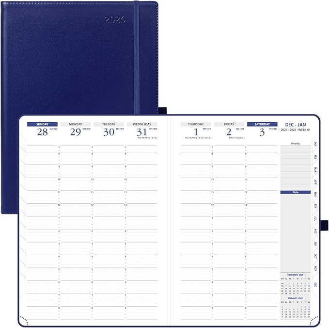 POPRUN 2026 Weekly Planner (A4 Size-8.25'' x 11.75''), 15-Minute Appointment Book (Jan 2026-Dec 2026) with Monthly Tabs, Inner Pockets, Pen Holder, PU Leather Softcover, 100GSM - Night Sky Navy Blue
