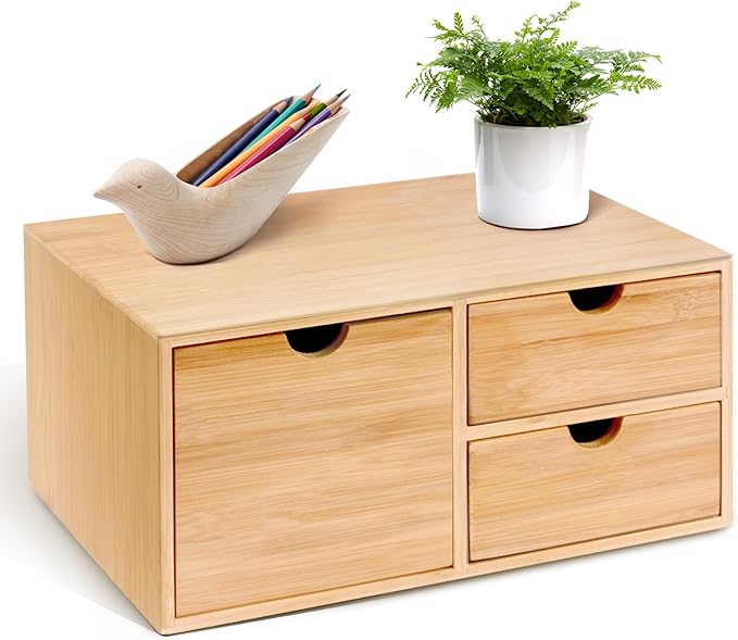 Bamboo Desk Organizer with Drawers Makeup Storage Drawer 3 Drawers Tabletop Storage Organization Desktop Drawers for Countertop Home Office Workspace Bathroom Toiletries Supplies