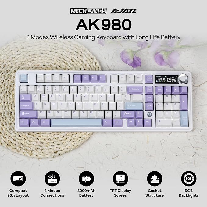 AJAZZ AK980 96% USB-C/BT5.0/2.4GHz Wireless Gaming Keyboard with 1.14’’ TFT Screen, Hot Swappable Creamy Mechanical Keyboard with FR4 Plate, Knob, RGB for Win/Mac (White, Gift V2 Switch)