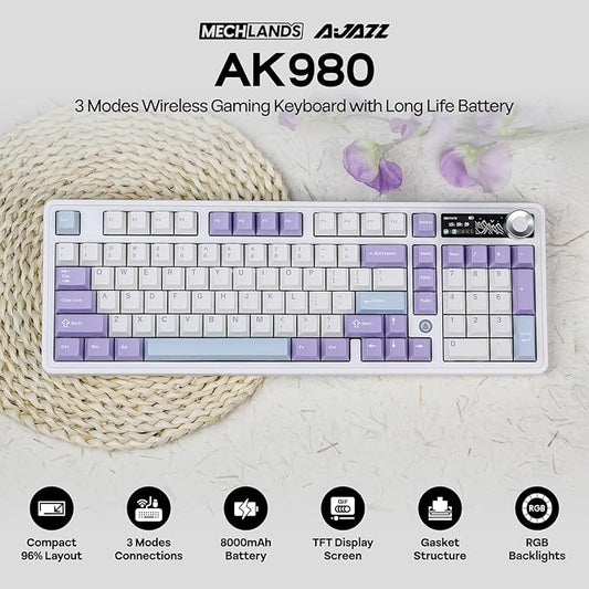 AJAZZ AK980 96% USB-C/BT5.0/2.4GHz Wireless Gaming Keyboard with 1.14’’ TFT Screen, Hot Swappable Creamy Mechanical Keyboard with FR4 Plate, Knob, RGB for Win/Mac (White, Gift V2 Switch)