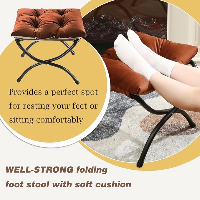 15" Foldable Foot Stool Ottoman with Metal Frame - Washable Brown Upholstered Indoor/Outdoor Footrest for Living Room, Bedroom, Patio - Space-Saving Compact Design