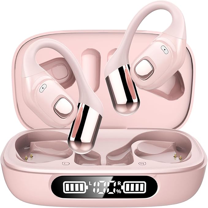 Open Ear Earbuds, Bluetooth 5.3 Wireless Air Conduction Headphones with Mic, LED Display Charging Case&Fast Charging, Ultra-Light Weight, 80H Playtime Earbuds for Work, Sports (Pink)