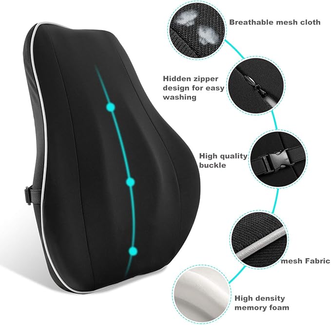 Newgam Lumbar Support Pillow/Back Cushion,Memory Foam Orthopedic Backrest with Breathable 3D Mesh for Car Seat,Office/Computer Chair,Wheelchair and Recliner,Ergonomic Design for Back Pain