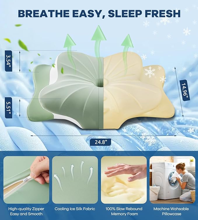 Cervical Pillow for Neck Pain Relief -Cooling Ergonomic Memory Foam Pillow with Ice Silk Pillowcase, Dual-Height Orthopedic Support Contour Pillow for Side/Back/Stomach Sleepers, CertiPUR-US Certified