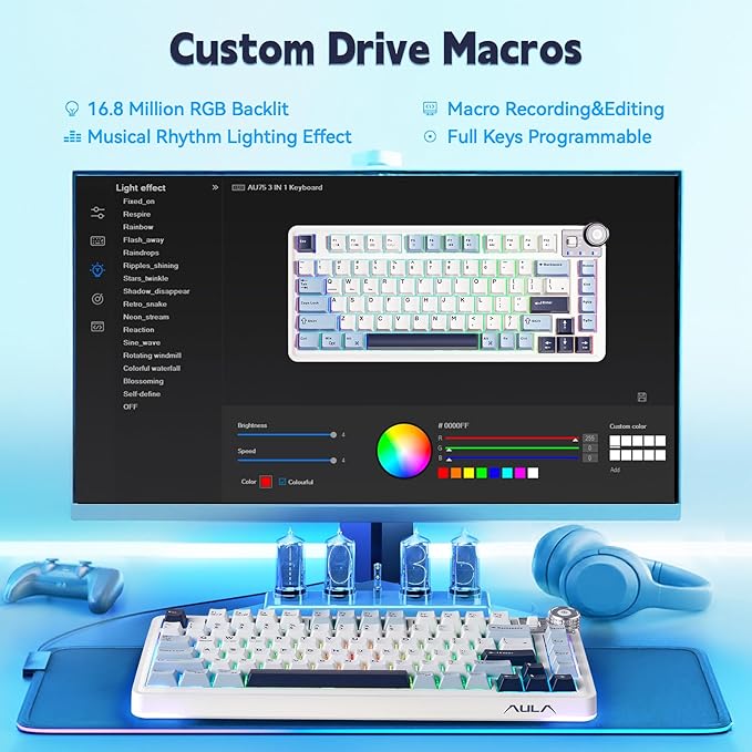 Aula AU75 Mechanical Keyboard,Wireless Gaming Keyboard with Knob,75% Hot Swappable RGB Backlit Custom PBT Keycap for Windows/Mac - Seiya Switch,Blue