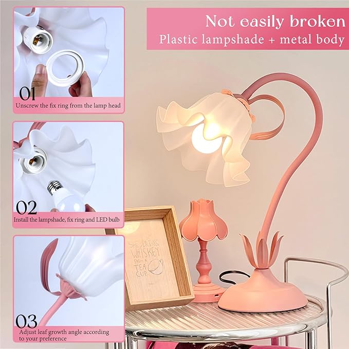 Cute Flower Table Lamp, Bedside Vintage Flower Lamp with LED Bulb, 3 Colors Temperature Flower Lamp for Bedroom Living Room Bedside Desk Reading Lighting Table Lamps Home Decoration (Pink)