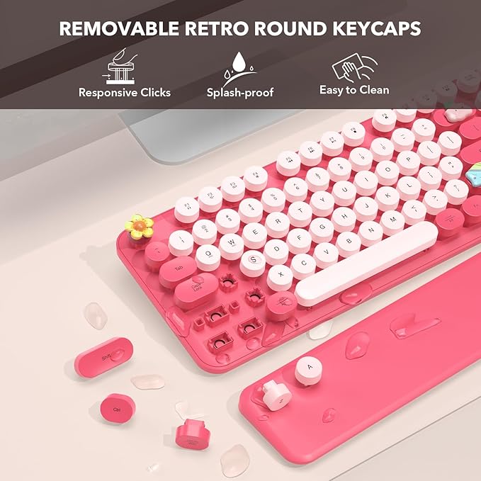 Retro Typewriter Wireless Keyboard, Pink Round Keycaps with Detachable Wrist Rest, Vintage Style Computer Cordless Keyboard, Cute Full-Size for Windows/PC/Laptop (Ideal for Writer/Gamer/Office)