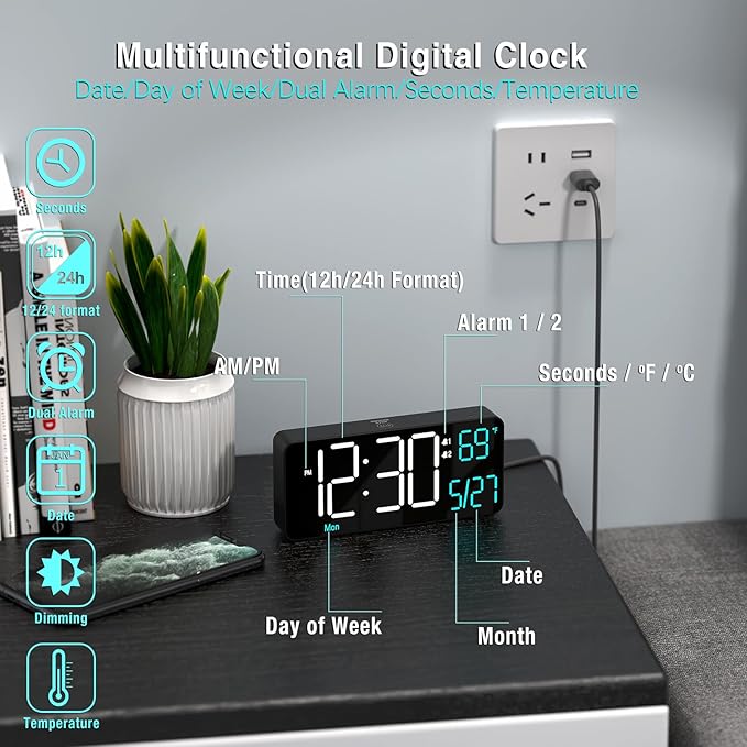KOSUMOSU Alarm Clocks for Living Room, 6.7in Small Digital Clock for Bedroom, Auto Dimming,Date,Day of Week,Seconds or Indoor Temperature,Digital Alarm Clocks for Bedrooms,LED Desk Clock