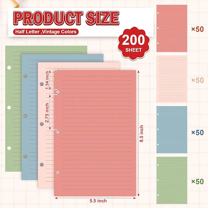 200 Sheets Mini Loose Leaf Paper 5.5 x 8.5 Mini Binder Paper 3 Ring Colored Lined Paper College Ruled 3 Hole Punched Lined Papers Small Notebook Refill Pages Planner Inserts for School Office