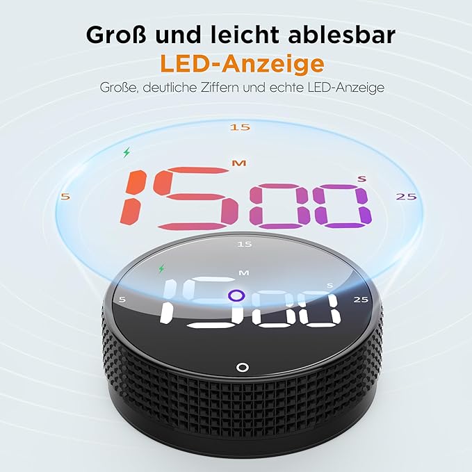 Rechargeable Magnetic Digital Kitchen Timer-Loud Alarm Visual Productivity Timer&Pomodoro Timer with Large LED Display,3 Presets(5/15/25min),3 Volume Levels.Ideal for Cooking Fitness&Office Use