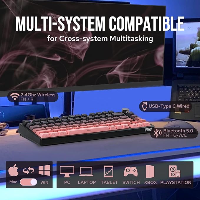 EPOMAKER HE75 Wireless Mechanical Keyboard with Metal Knob, 4000mAh Battery, Hot-Swappable Gasket Gaming Keyboard with RGB Backlight for Mac/Win (Black Pink)