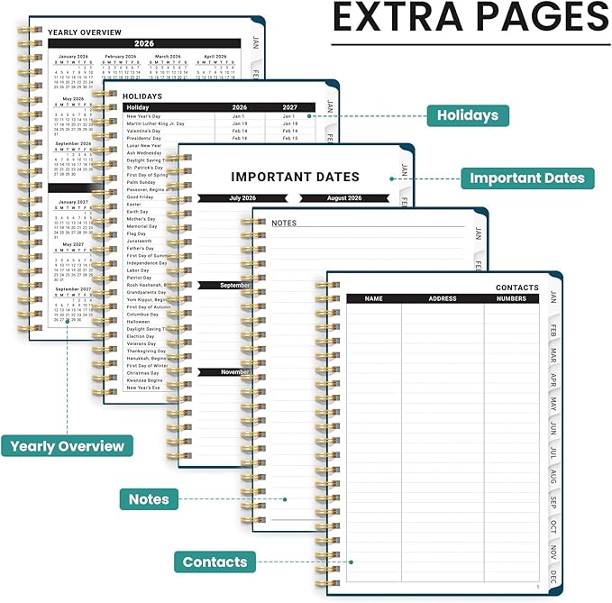 2026 Planner, Monthly and Weekly Calendar Planner for Women, January 2026 - December 2026, Hardcover Pretty 2026 Agenda Planner Book with Tabs, Spiral Bound, Perfect for School Office Home Supplies, 6.3" x 8.5" - Emerald Shores