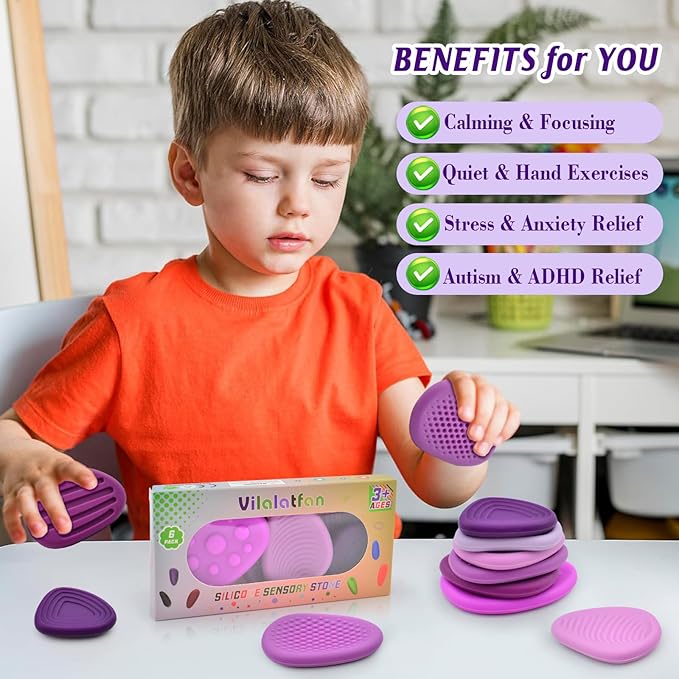 Fidget Toys Sensory Stones for Kids and Adults,6 PCS Texture Worry Stone for Anxiety Autism Teen Calm Down & ADHD Stress Relief,Quiet Fidgets for Classroom Small Prizes Gifts for Travel Toy