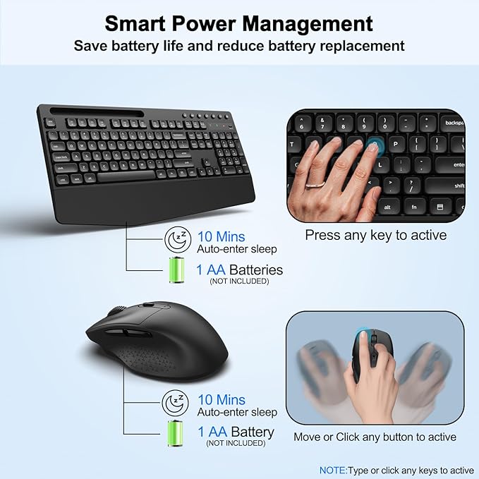 Wireless Keyboard and Mouse Combo with Palm Rest, Phone Holder, Full-Size Quiet Wireless Ergonomic Keyboard and Mouse, Comfortable Natural Typing Compatible for Windows, Laptop, Mac, PC