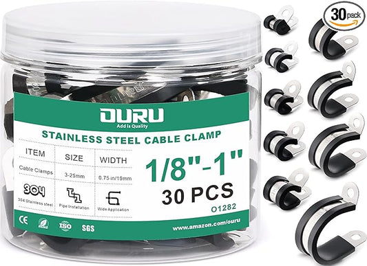 30PCS Stainless Steel Cable Clamps 9 Sizes—1/8" 3/16" 1/4" 5/16" 3/8" 1/2" 5/8" 3/4" 1" Rubber Coated Cushioned Insulated Cable Clamp,Automotive Cable Wire Clamps,Pipe Clamps(Black)