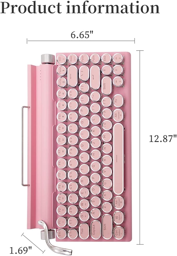 Adventurers Typewriter Bluetooth Wireless Keyboard - 83 Keys, Hot Swappable Blue Switch, Round Keycaps, White Backlit, Compact 75% Layout, Wired, for Windows/Mac/PC/Laptop/iPad, Pink