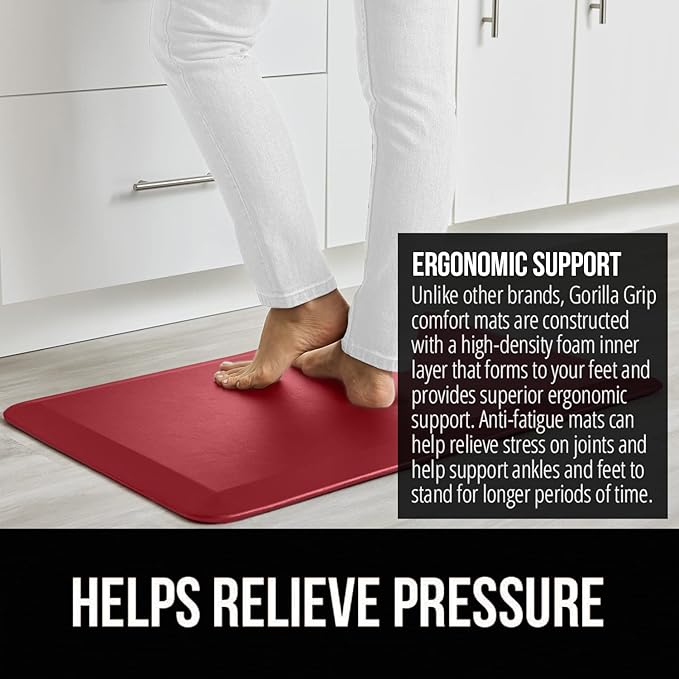 GORILLA GRIP Comfortable Cushioned Kitchen Mats for Floor, Waterproof and Stain Resistant Soft Top, 3/4 Inch Thick Ergonomic Standing Desk Anti Fatigue Mat, Foam Supports Ankles and Feet, 17x24, Red