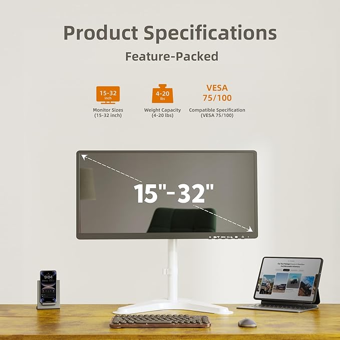 Claiks Monitor Mount, Ergonomic Adjustable Monitor Stand for Max 32 inch Screens, Adjustable Stand up to 20 lbs, VESA Mounting Holes 75&100mm, White