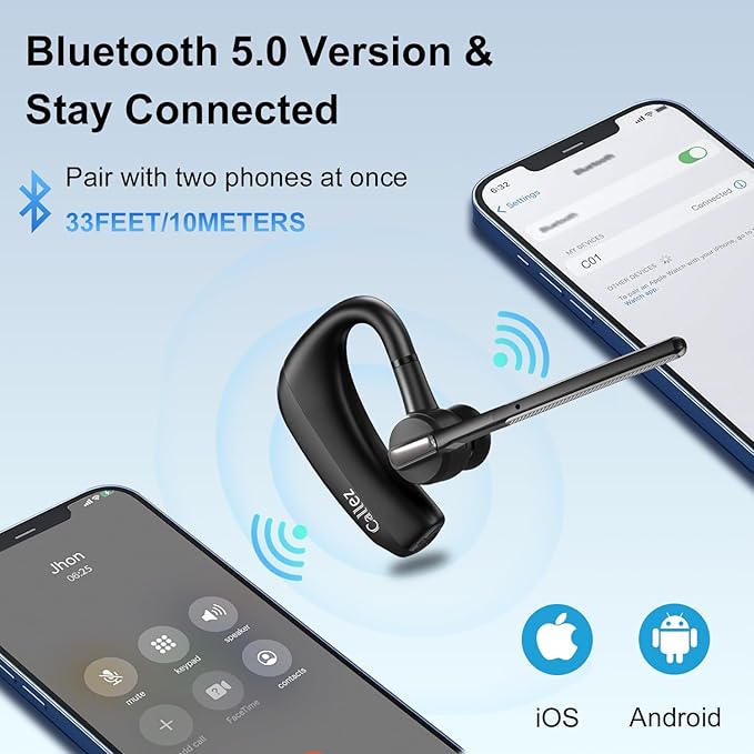 Callez Bluetooth Headset V5.0, Bluetooth Earpiece with CVC8.0 Dual Mic Noise Cancelling Wireless Headset for iPhone Android Cell Phone Trucker Business Office Work, Clear Chat
