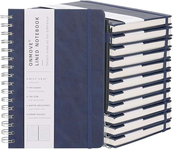 Spiral Notebooks Journal for Women Men 12 Pack Bulk Leather Hardcover with Pen Holder A5 160 Pages 100 GSM Thick Paper for Work School Lined Navy Blue