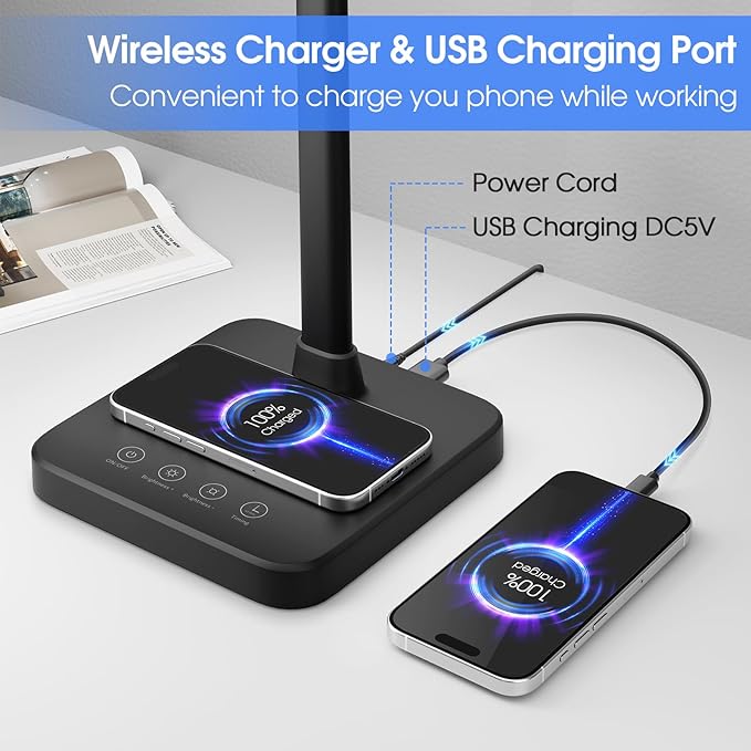 ShineTech LED Desk Lamp for Home Office, 24W Double Head Desk Light with Wireless Charging, USB Port, Adjustable Gooseneck Lamps, 5000K Daylight White