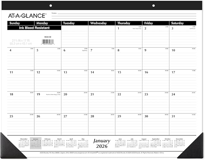 AT-A-GLANCE 2026 Desk Calendar, Desk Pad, Monthly, 21-3/4" x 17", Large, Ruled Blocks, 3 Pack (AZSK240026)