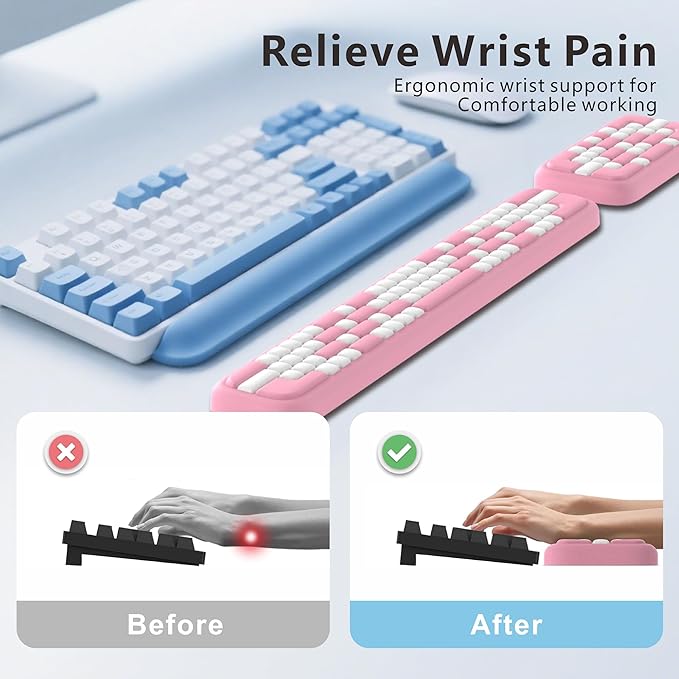MEKASS Keyboard Wrist Rest, Ergonomic Wrist Pad, Soft Memory Foam Keyboard Hand Rest with Non-Slip Base, Easy Typing, Pain Relief, Comfort Support for Office Work Gaming Accessories (Pink White)