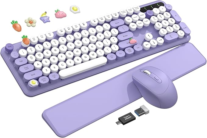 Wireless Keyboard and Mouse Combo - Cute Typewriter Keyboard with Detachable Wrist Rest, Retro Round Keycaps, Foldable Legs, 2.4GHz Full-Size Keyboard for PC, Laptop, Mac, Windows - Trueque (Purple)