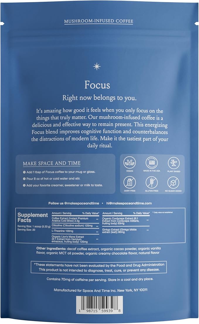 SPACE AND TIME Focus - Mushroom Coffee - 20 Cups of Focus, Productivity & Clean Energy - Instant Mushroom Coffee with Lions Mane, Cordyceps & L-Theanine
