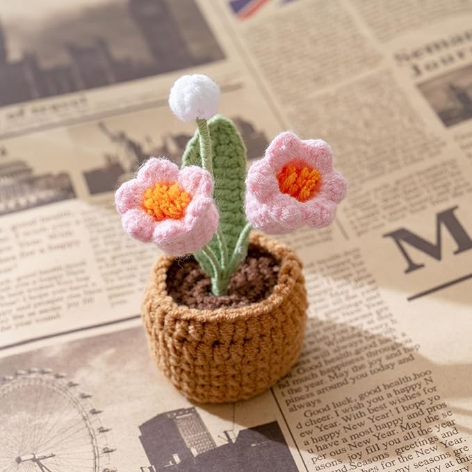 Handmade Crochet Flowers, Small Potted Plants, Knitted Canterbury Bells Desk Decorations for Home Office Decor (Two Heads)
