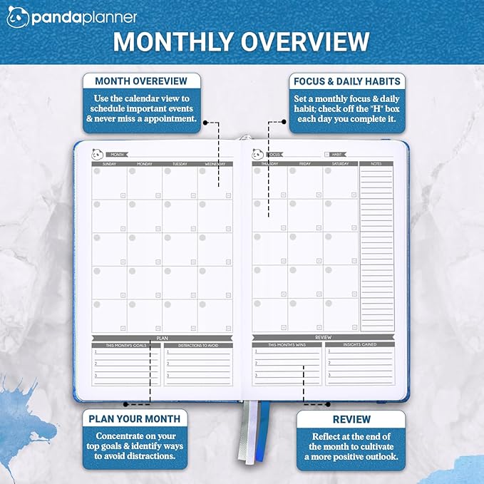 Panda Planner 2025-2026 – Undated Classic Daily Planner & Hourly Schedule Planner Notebook – Productivity Planner for Focus & Goals – Blue