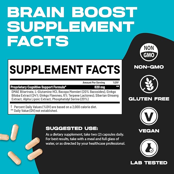 Brain Boost Nootropic Supplement | Supports Memory, Mental Focus, Cognitive Health & Energy | Caffeine-Free, Promotes Healthy Mood & Brain Function w/Gingko Biloba & DMAE | 240 Capsules