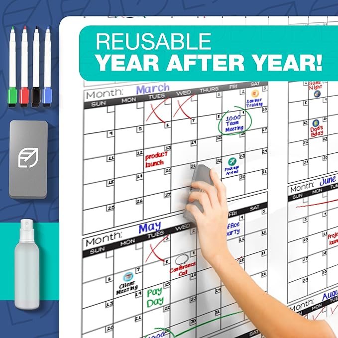 Large Dry Erase Calendar for Wall, 36" x 72" - Undated, Yearly, Reusable - Full 12 Month Year - Includes Markers, Eraser & Accessories
