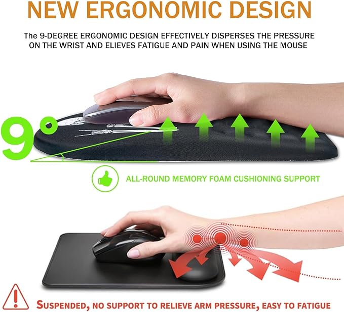 Ergonomic Mouse Pad Wrist Support,Upgrade Mousepad with Massage Design,Non-Slip PU Base Desktop Mouse Pads for Pain Relief, Computer, Office & Home,12 x 8 in（F-Black Human Skeleton）