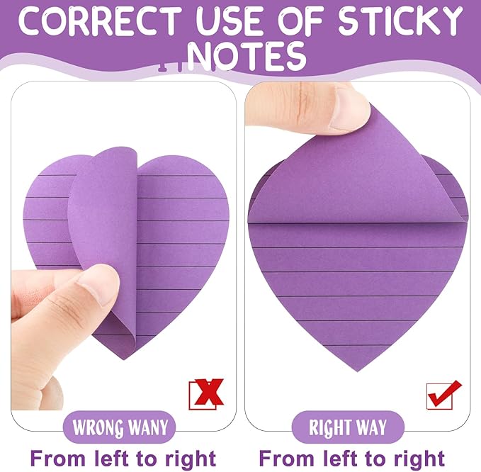 Teling 24 Pcs Heart Shape Lined Sticky Notes Cute Sticky Notes Bright Colorful Sticking Power Memo Pads Red Heart Self Notepads for Office School 3x3 Inch(Bright Colors)